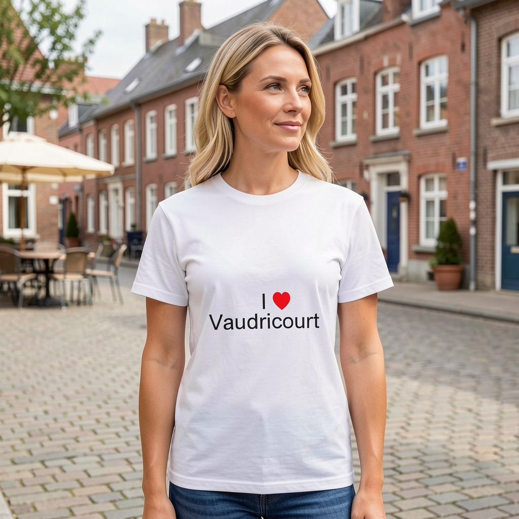 Photo portée du T-shirt I love vaudricourt en décor Vaudricourt
