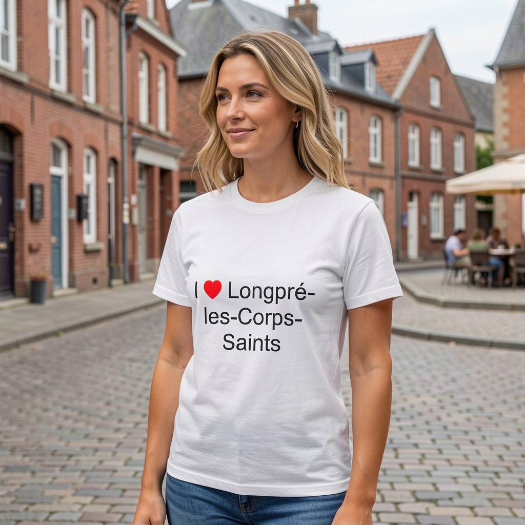 Photo portée du T-shirt I love longpré-les-corps-saints en décor Longpré Les Corps Saints