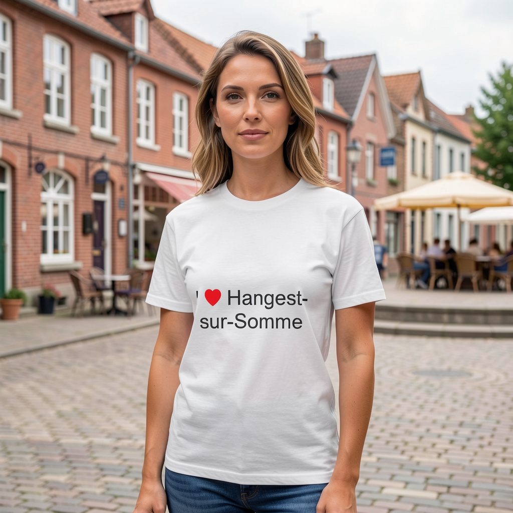 Photo portée du T-shirt I love hangest-sur-somme en décor