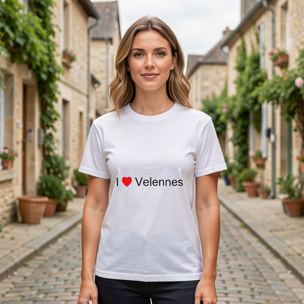 Photo portée du T-shirt I love velennes en décor Velennes