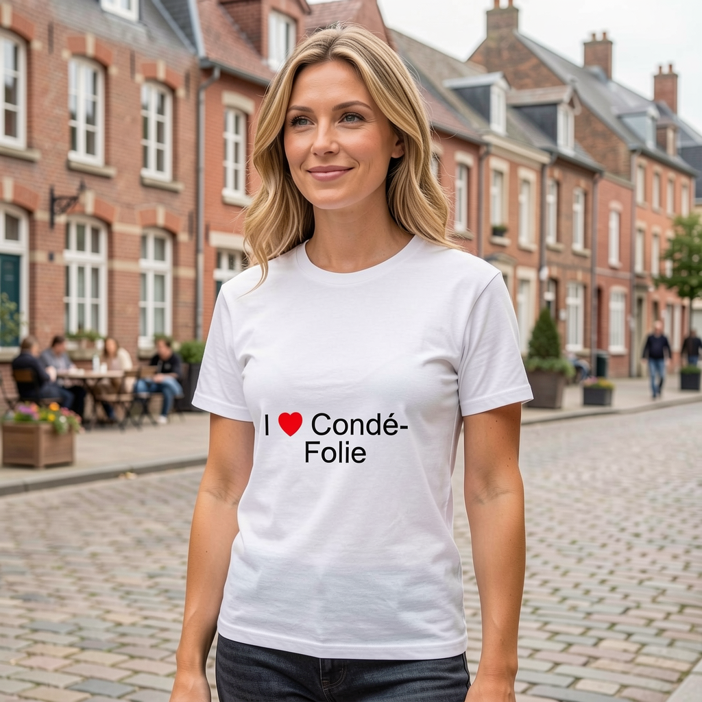 Photo portée du T-shirt I love condé-folie en décor Condé Folie