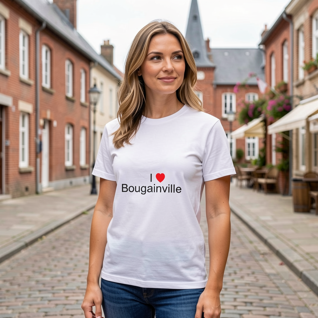 Photo portée du T-shirt I love bougainville en décor Bougainville