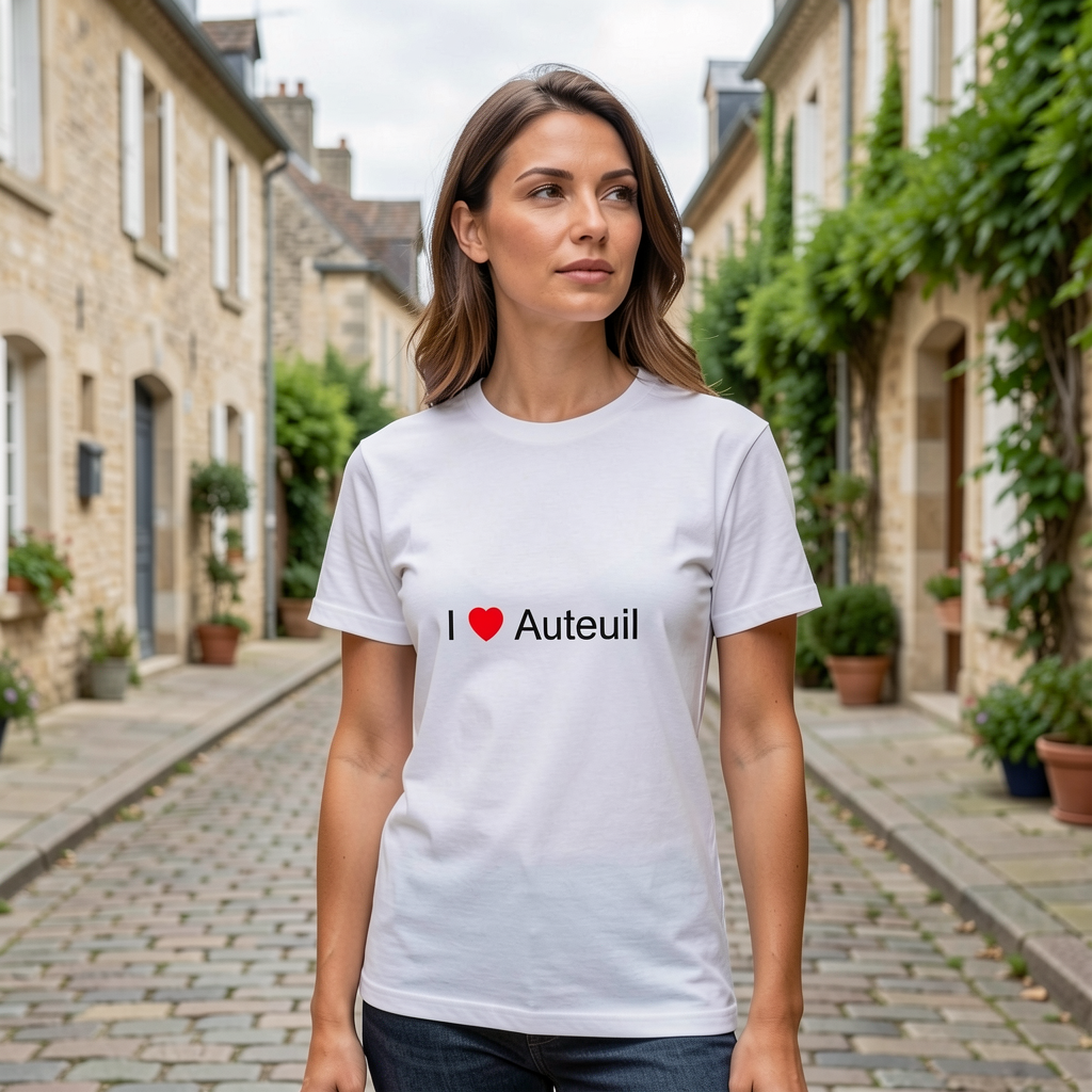 Photo portée du T-shirt I love auteuil en décor Auteuil