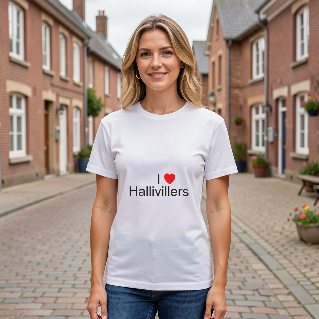 Photo portée du T-shirt I love hallivillers en décor Hallivillers