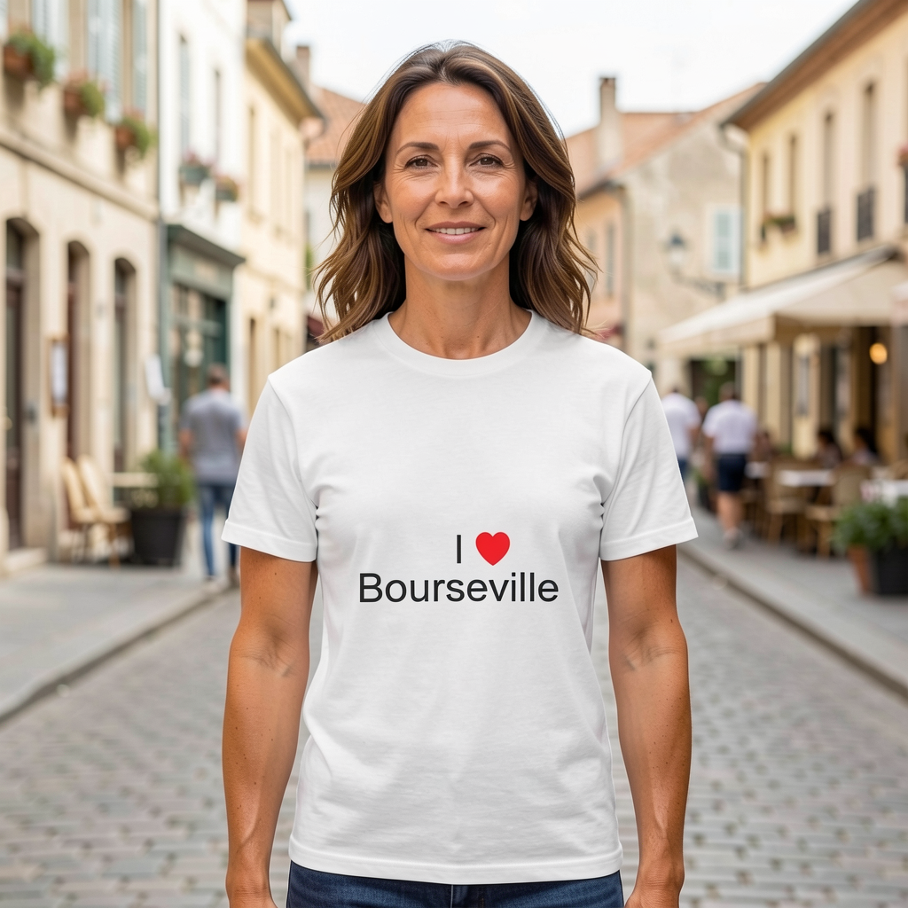Photo portée du T-shirt I love bourseville en décor Bourseville