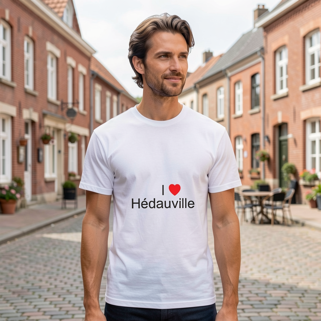 Photo portée du T-shirt I love hédauville en décor Hédauville