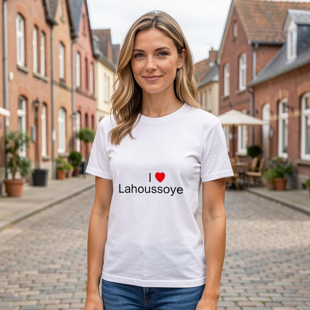 Photo portée du T-shirt I love lahoussoye en décor Lahoussoye