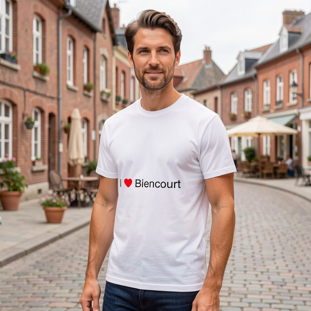 Photo portée du T-shirt I love biencourt en décor Biencourt